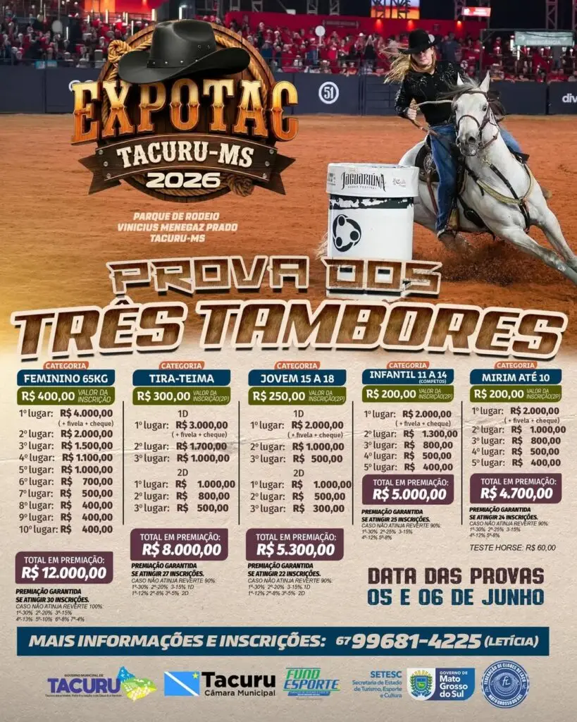 Prova dos Três Tambores da EXPOTAC 2026 está com inscrições abertas em Tacuru