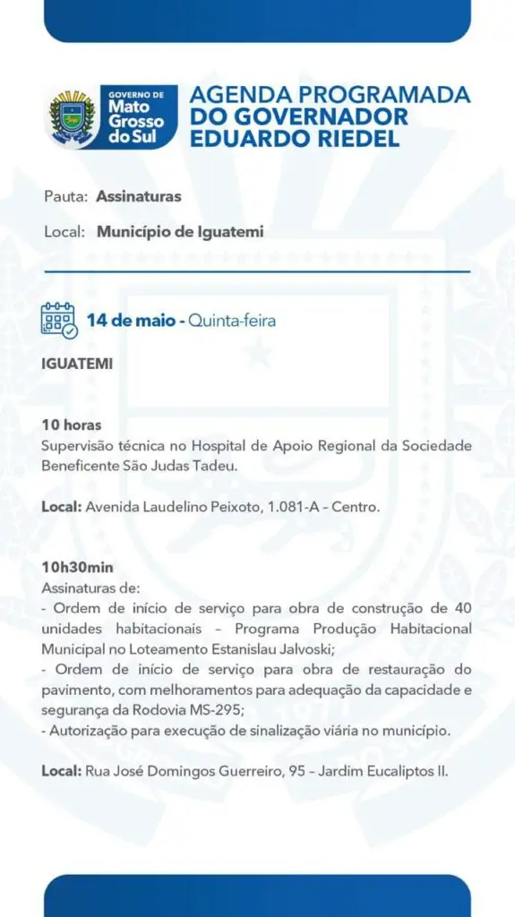 Iguatemi recebe visita do governador Eduardo Riedel nesta quinta-feira (14)