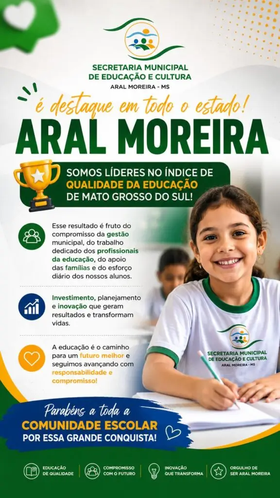 Aral Moreira conquista o 1º lugar no ranking preliminar do Índice de Qualidade da Educação de MS Aral Moreira conquista o 1º lugar no ranking preliminar do Índice de Qualidade da Educação de MS