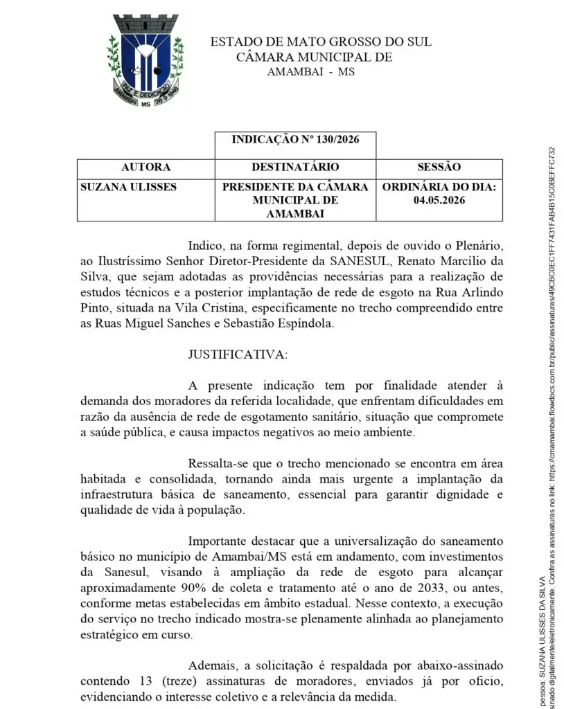 Suzana Ulisses pede implantação de rede de esgoto em ponto estratégico na Vila Cristina em Amambai