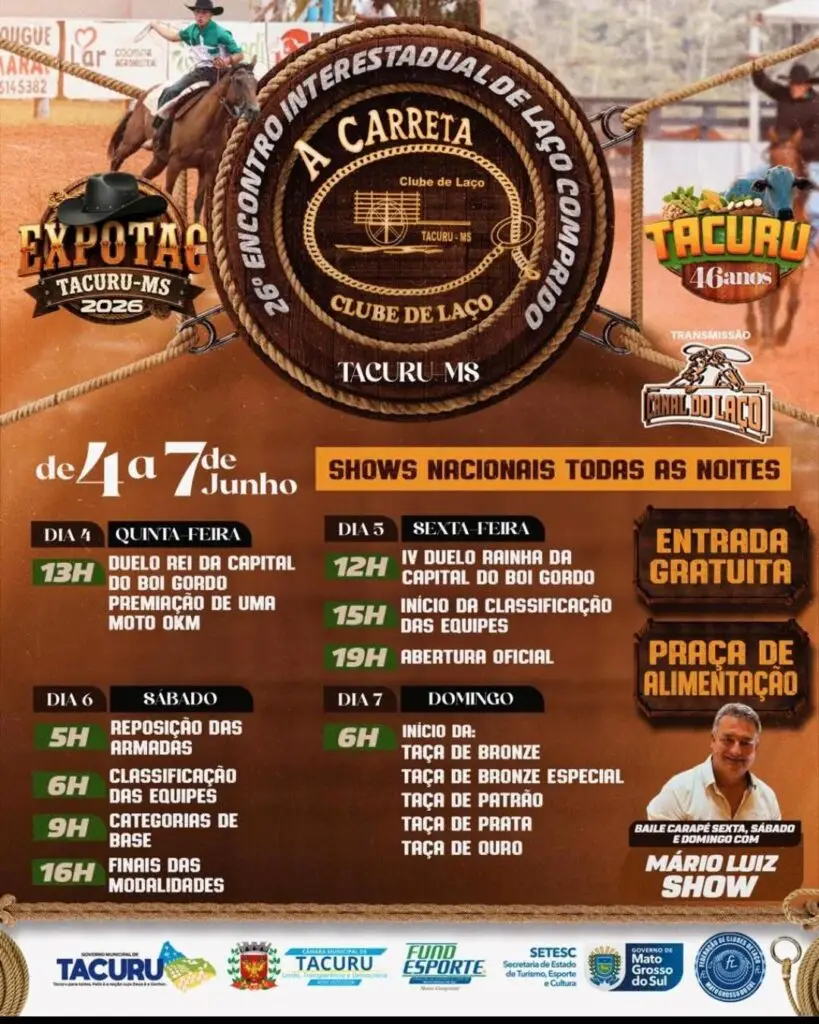 Com show de Rio Negro & Solimões, laço, rodeio e Prova dos Três Tambores Expotac 2026 acontece desta quinta a domingo em Tacuru
