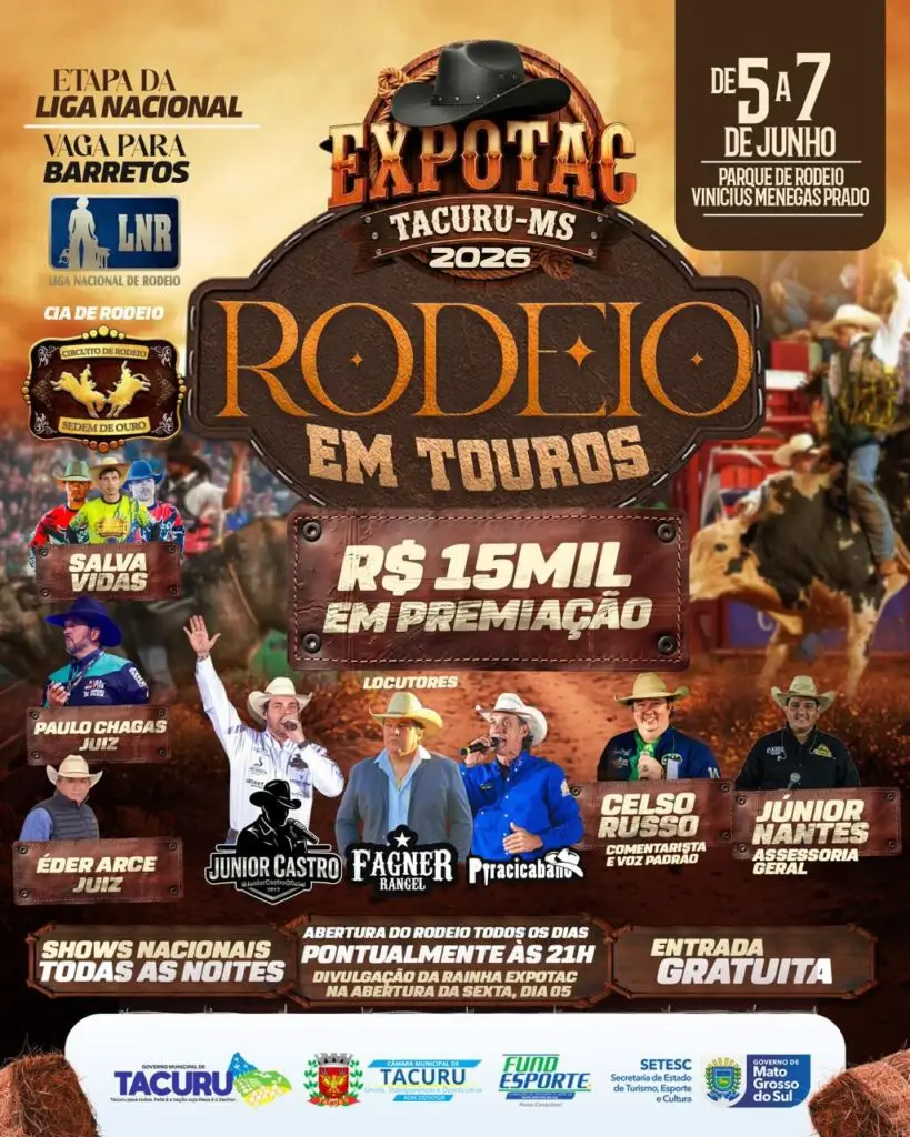 Com show de Rio Negro & Solimões, laço, rodeio e Prova dos Três Tambores Expotac 2026 acontece desta quinta a domingo em Tacuru