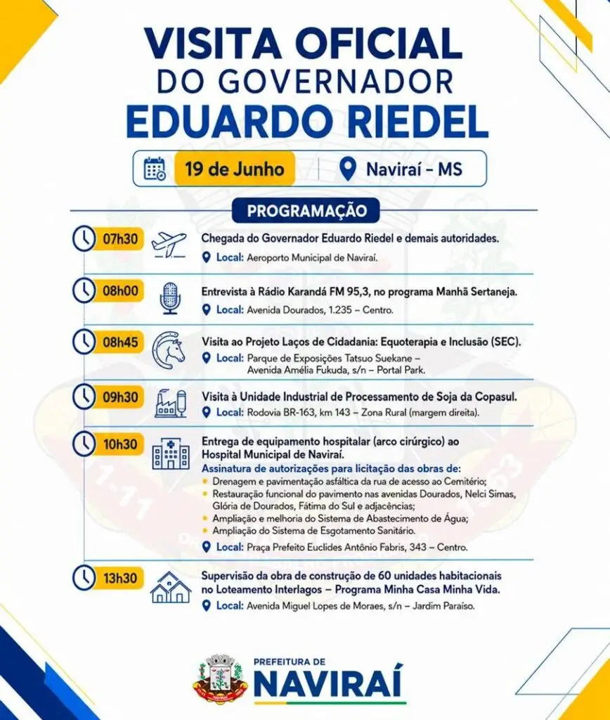 Rodrigo Sacuno recebe Eduardo Riedel para entregas e lançamento de obras nesta sexta em Naviraí