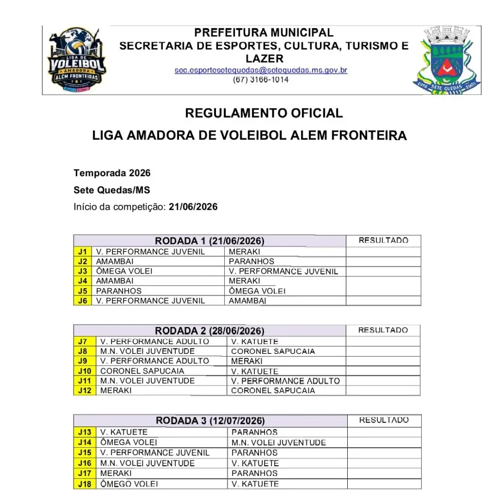 Sete Quedas abre neste domingo a Liga Amadora de Vôlei Além Fronteira 2026