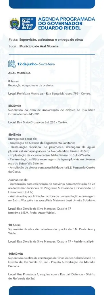 Ao lado da prefeita Lurdes, governador Eduardo Riedel entrega obras nesta quinta em Caarapó Ao lado da prefeita Lurdes, governador Eduardo Riedel entrega obras nesta quinta em Caarapó