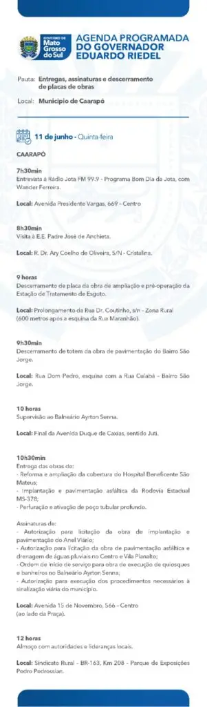 Ao lado da prefeita Lurdes, governador Eduardo Riedel entrega obras nesta quinta em Caarapó Ao lado da prefeita Lurdes, governador Eduardo Riedel entrega obras nesta quinta em Caarapó