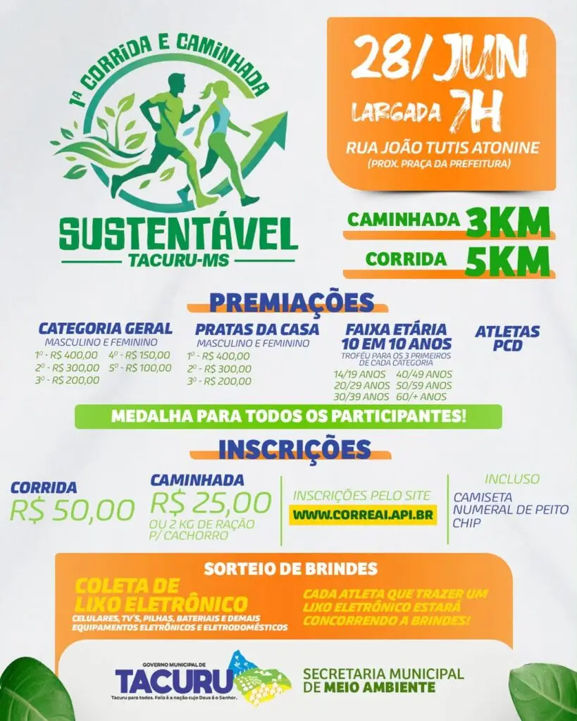 Tacuru promove 1ª Corrida e Caminhada Sustentável com ação de conscientização ambiental neste domingo (28) Tacuru promove 1ª Corrida e Caminhada Sustentável com ação de conscientização ambiental neste domingo (28)