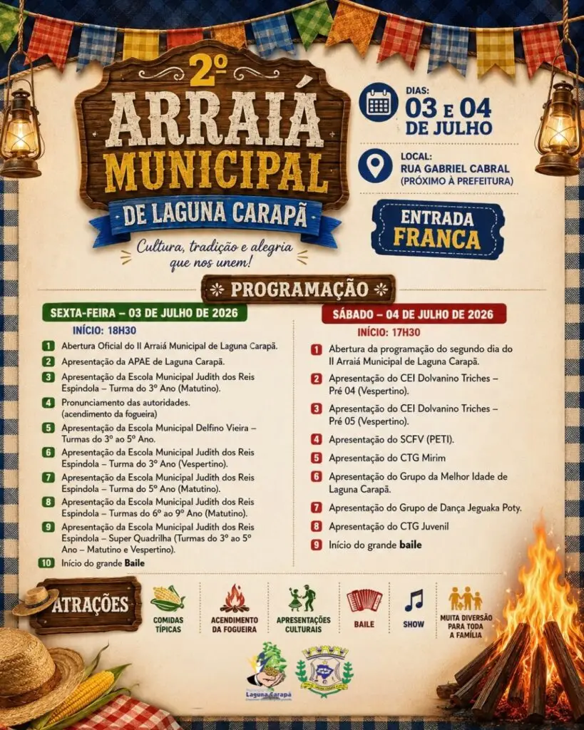 2º Arraiá Municipal de Laguna Carapã acontece nos dias 3 e 4 de julho