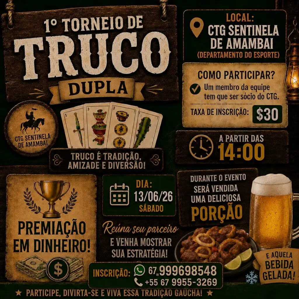 1º Torneio de Truco em Dupla será realizado neste sábado (13) no CTG Sentinela de Amambai 1º Torneio de Truco em Dupla será realizado neste sábado (13) no CTG Sentinela de Amambai
