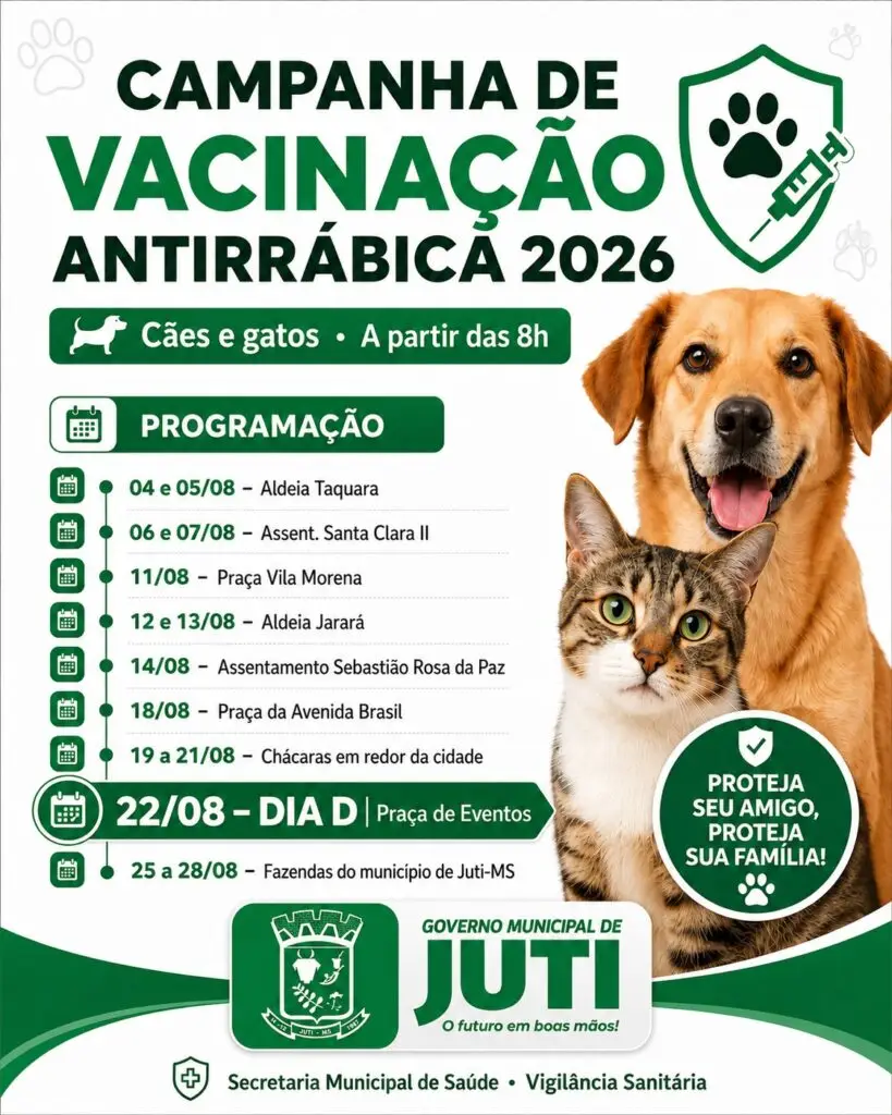 Prefeitura de Juti divulga cronograma da campanha de vacinação antirrábica para cães e gatos Prefeitura de Juti divulga cronograma da campanha de vacinação antirrábica para cães e gatos