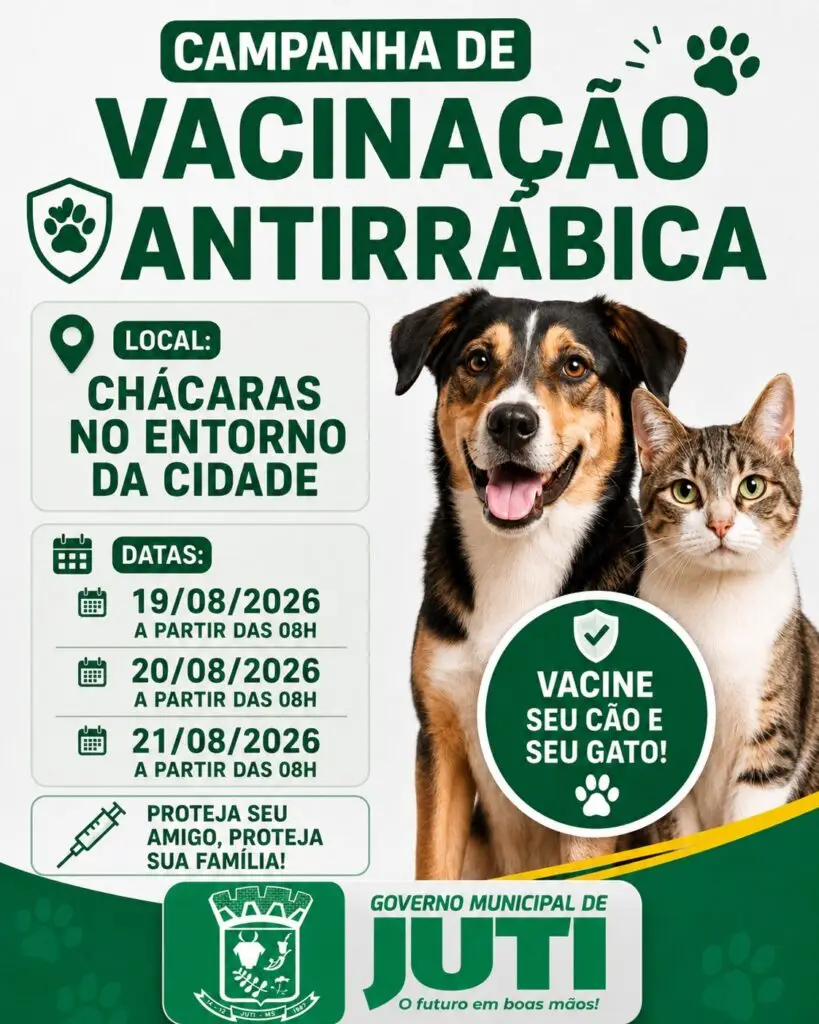 Prefeitura de Juti divulga cronograma da campanha de vacinação antirrábica para cães e gatos Prefeitura de Juti divulga cronograma da campanha de vacinação antirrábica para cães e gatos