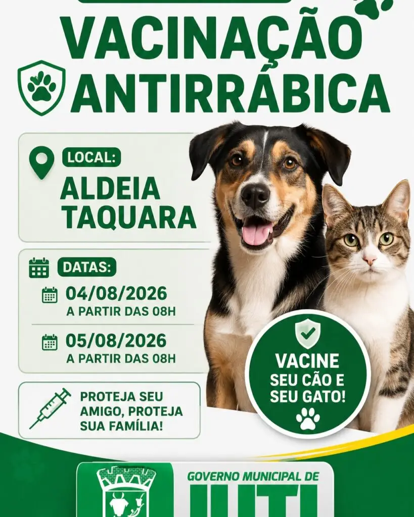 Prefeitura de Juti divulga cronograma da campanha de vacinação antirrábica para cães e gatos Prefeitura de Juti divulga cronograma da campanha de vacinação antirrábica para cães e gatos
