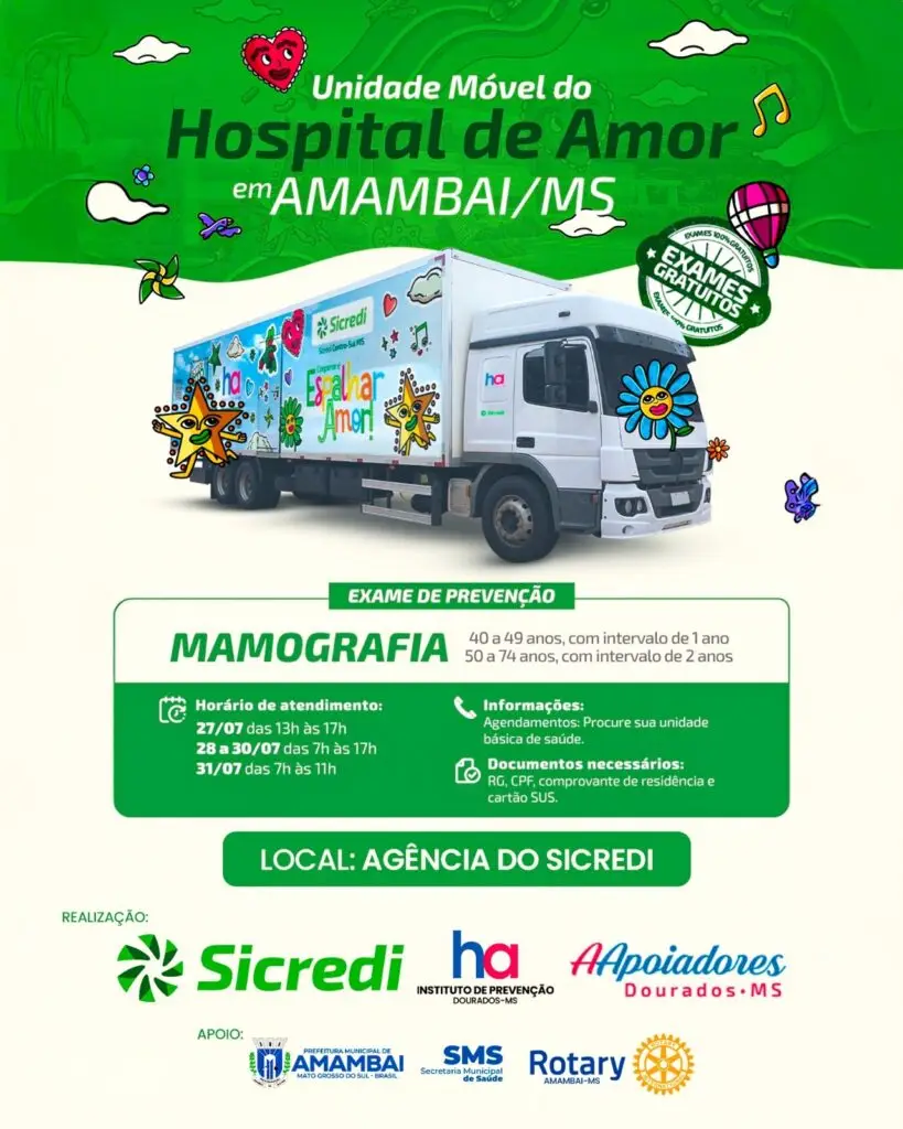 Unidade Móvel do Hospital de Amor realizará exames gratuitos de mamografia em Amambai Unidade Móvel do Hospital de Amor realizará exames gratuitos de mamografia em Amambai