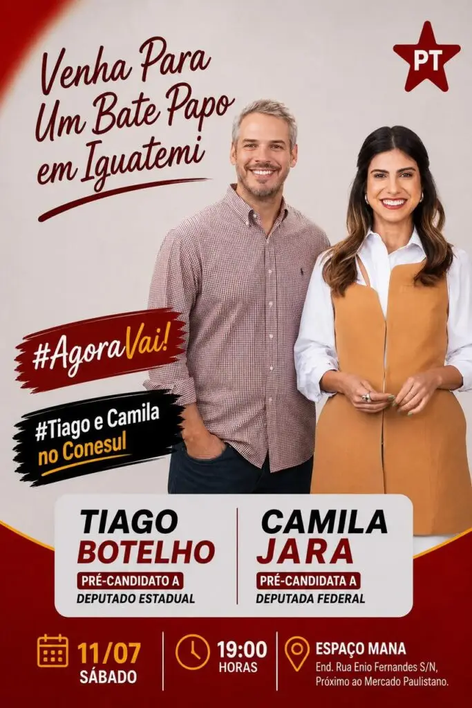 Tiago Botelho e Camila Jara promovem bate-papo político em Iguatemi neste sábado (11) Tiago Botelho e Camila Jara promovem bate-papo político em Iguatemi neste sábado (11)